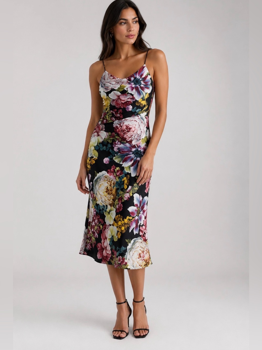 Express Black Floral Slip Midi Dress with Multi-Color Blooms Cocktail